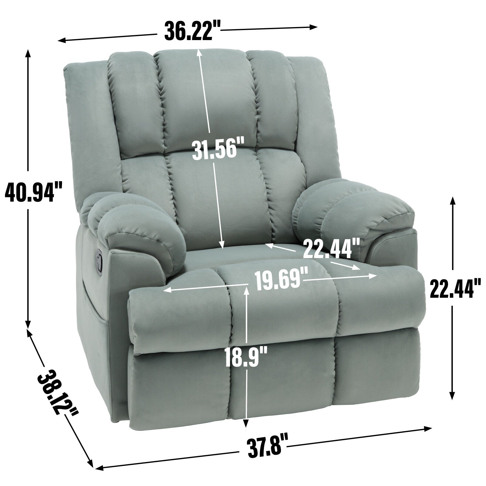 Fauteuil inclinable manuel extra-large avec base pivotante à 360° et mouvement de bascule, assemblage sans outil