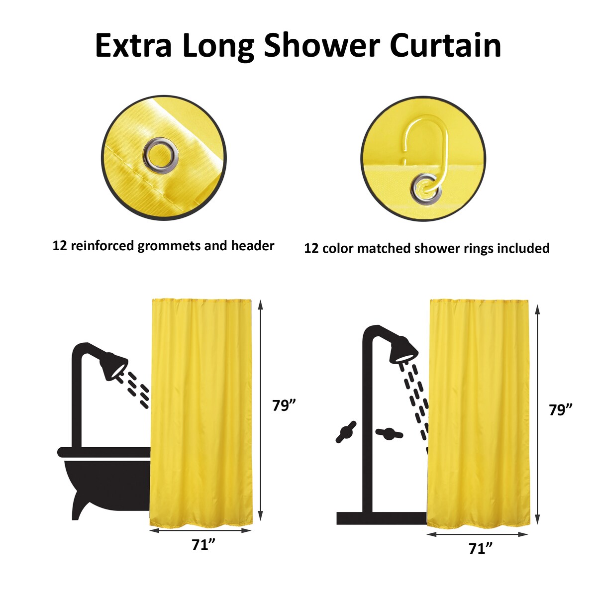 Rideau de douche extra long en polyester, 12 anneaux, 79 L x 71 l