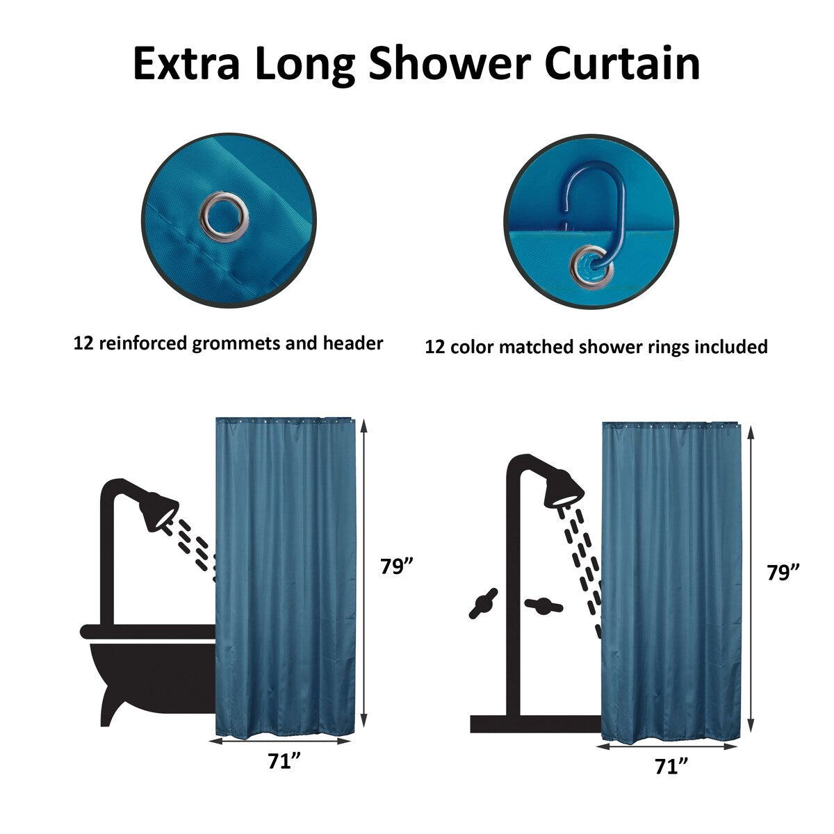Rideau de douche extra long en polyester, 12 anneaux, 79 L x 71 l
