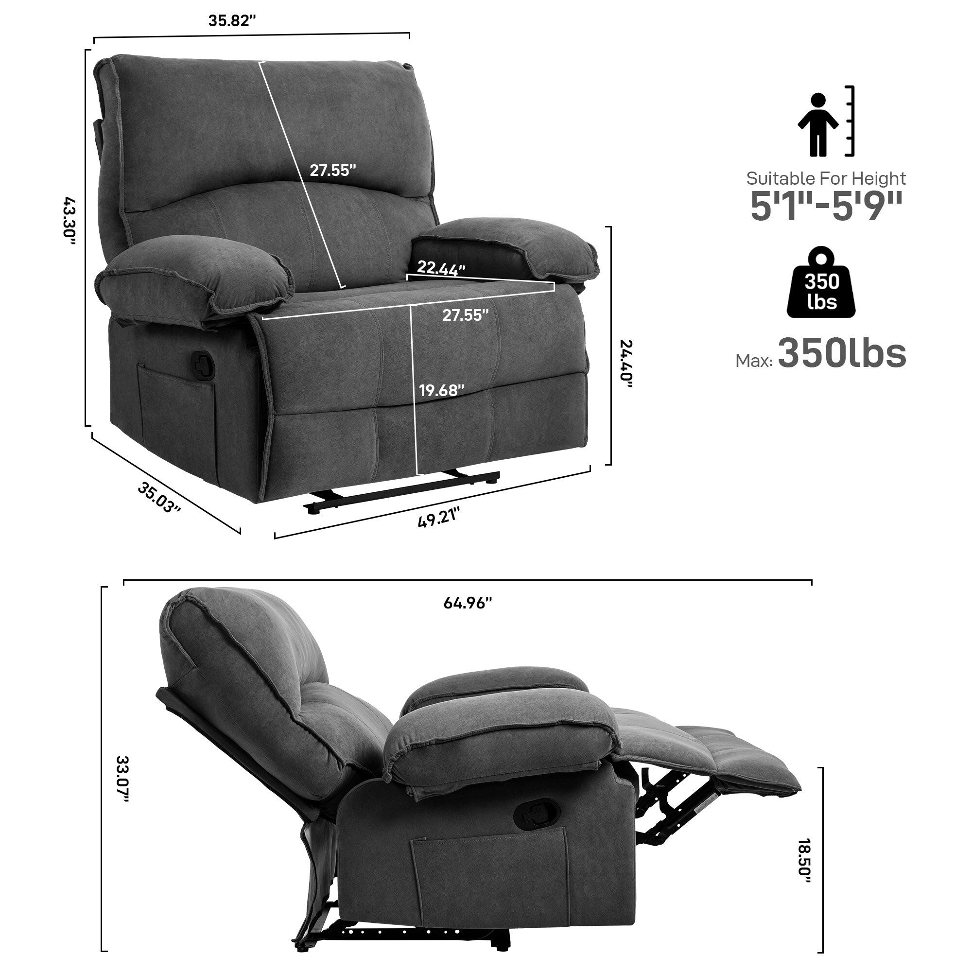 Fauteuil inclinable extra large avec coussin chauffant et massant, revêtement en polaire douce
