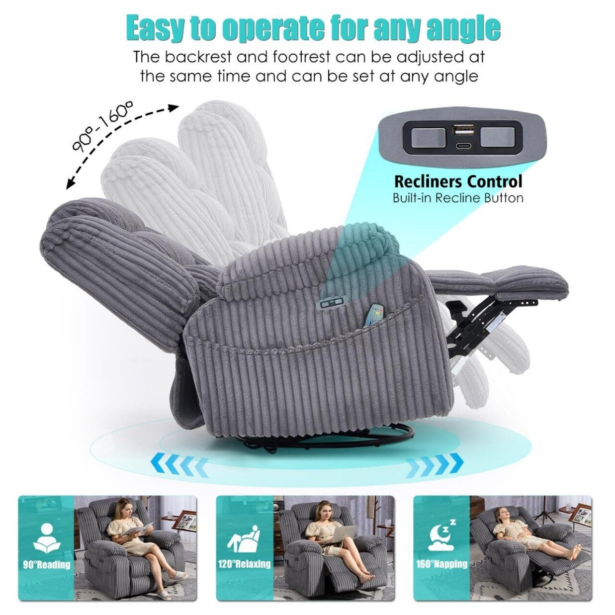 Fauteuil inclinable électrique chauffant extra-large rotatif à 270° avec port de chargement USB/Type-C