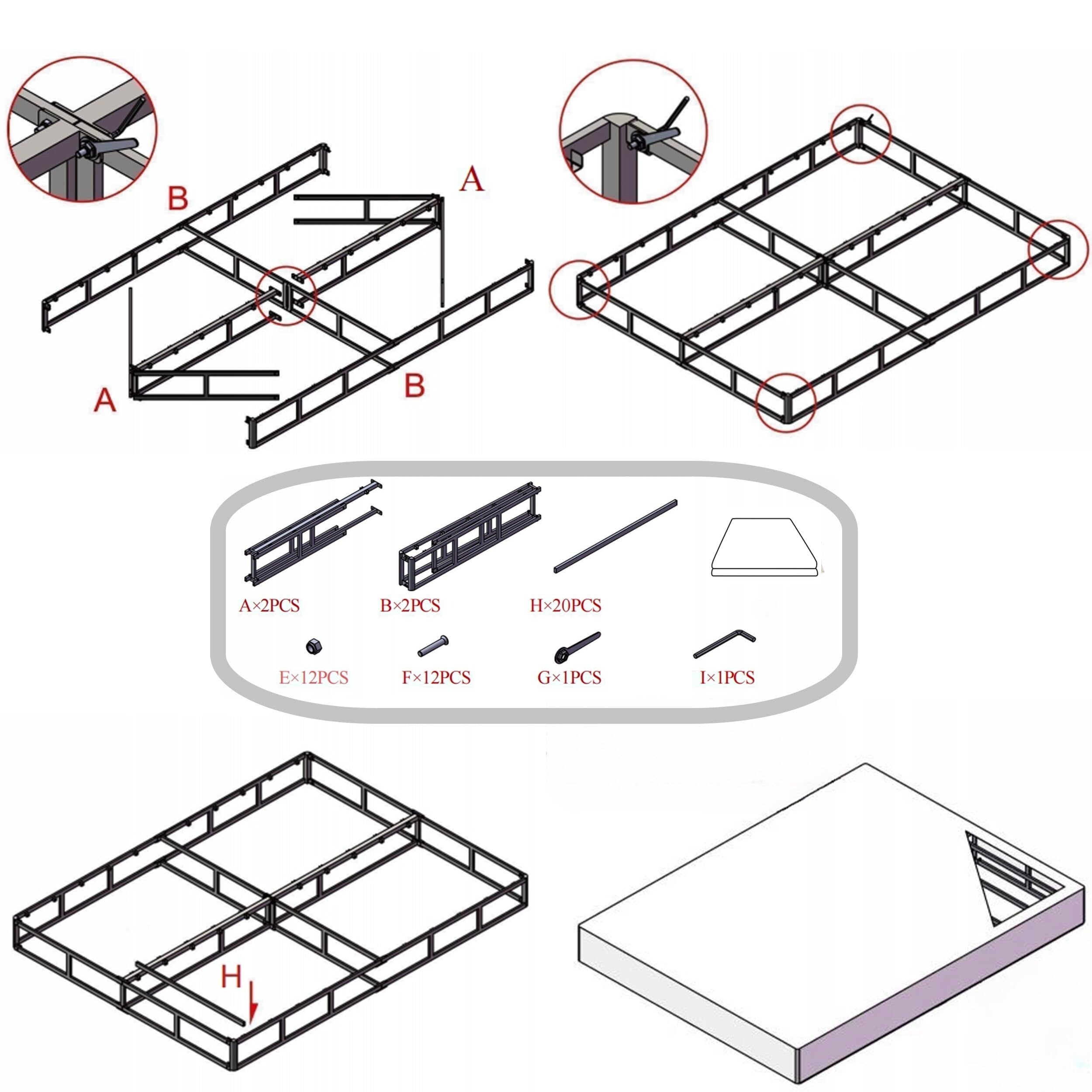 Sommier à lattes en métal robuste de 9 pouces de haut avec housse grise