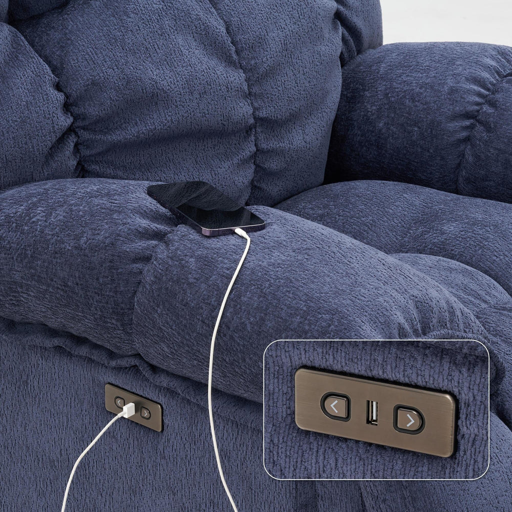 Fauteuil inclinable électrique pivotant à 360° en tissu avec mouvement coulissant, dossier haut et plusieurs positions d'inclinaison