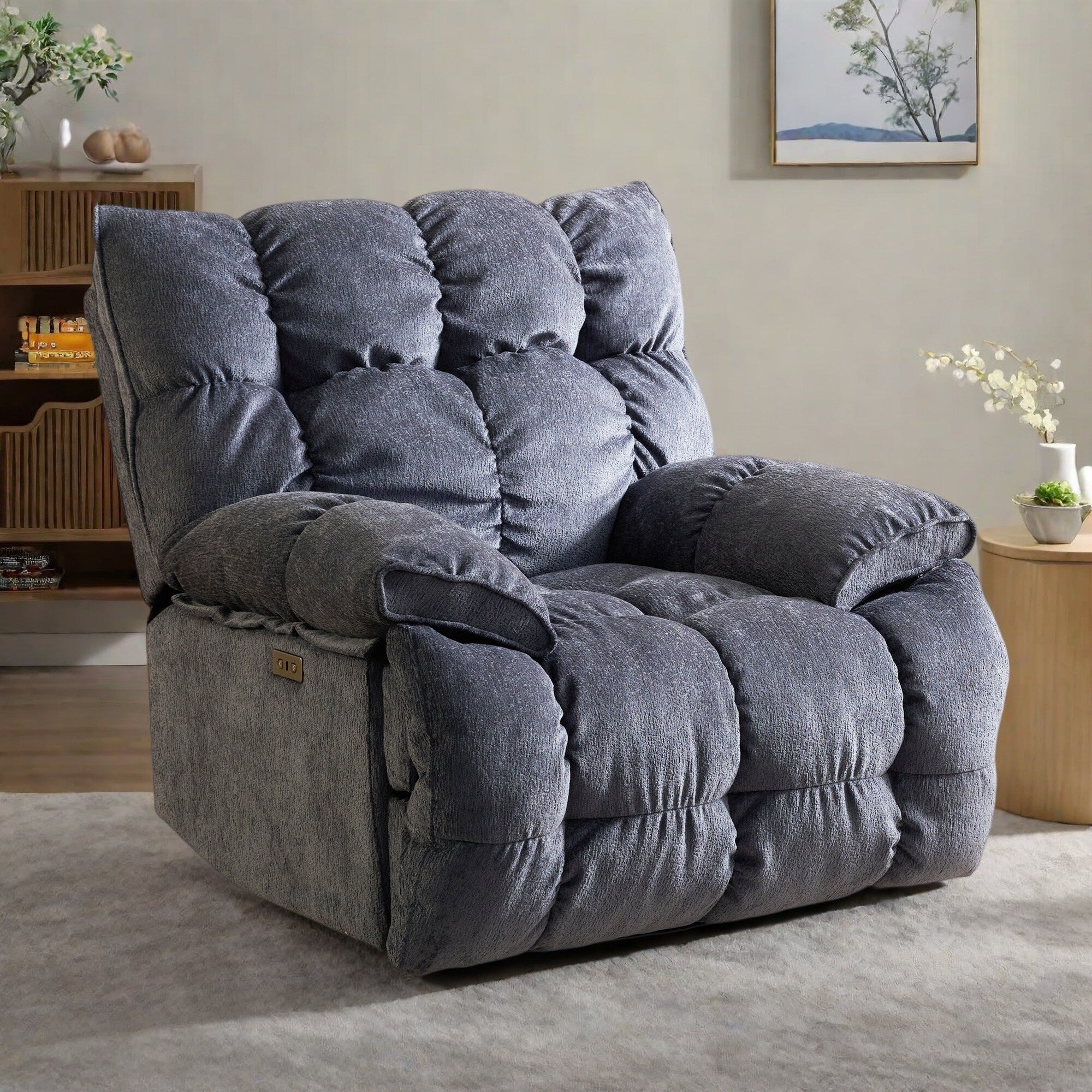 Fauteuil inclinable électrique pivotant à 360° en tissu avec mouvement coulissant, dossier haut et plusieurs positions d'inclinaison