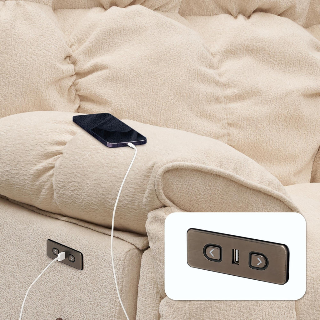 Fauteuil inclinable électrique pivotant à 360° en tissu avec mouvement coulissant, dossier haut et plusieurs positions d'inclinaison