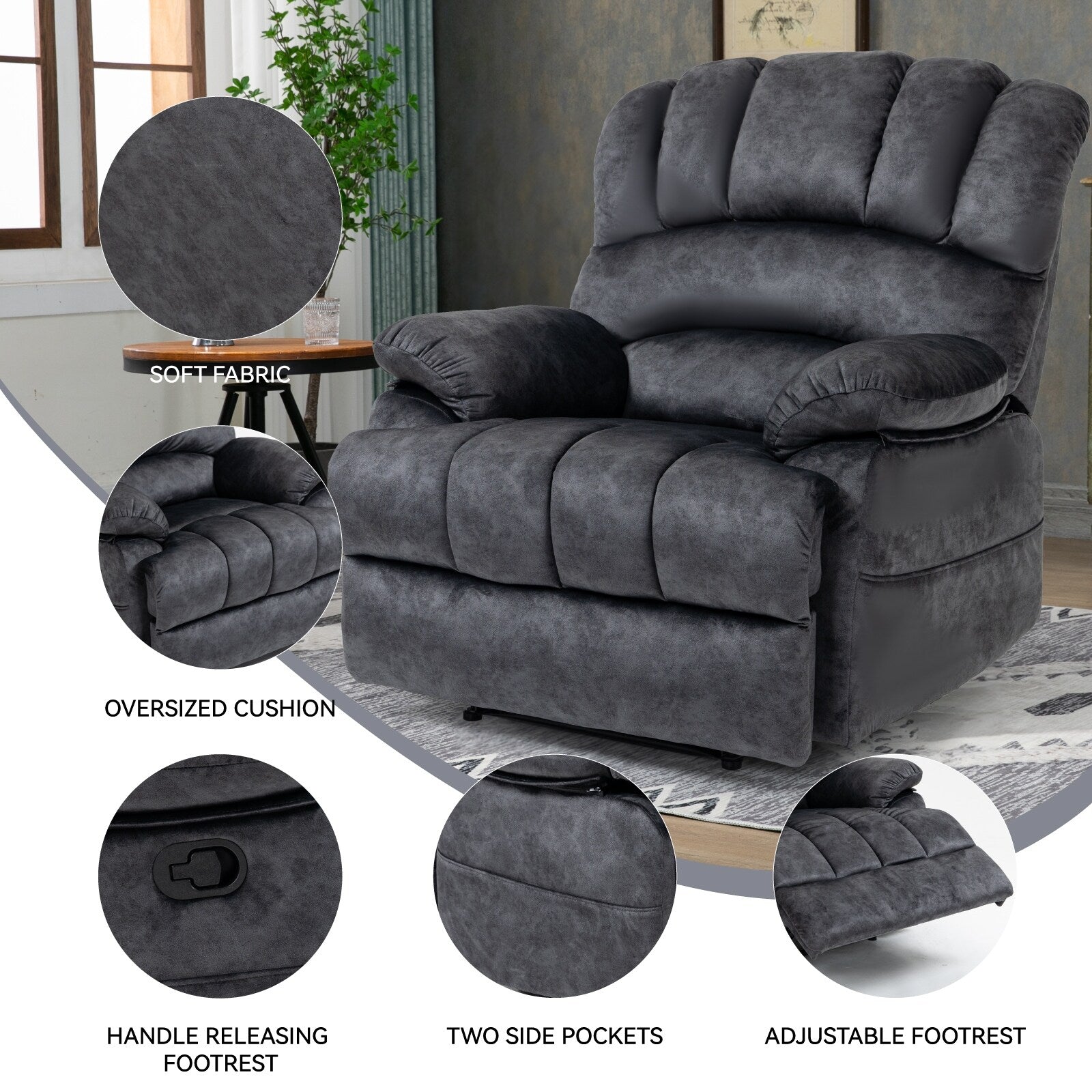 Fauteuil inclinable manuel en tissu avec dossier réglable et repose-pieds