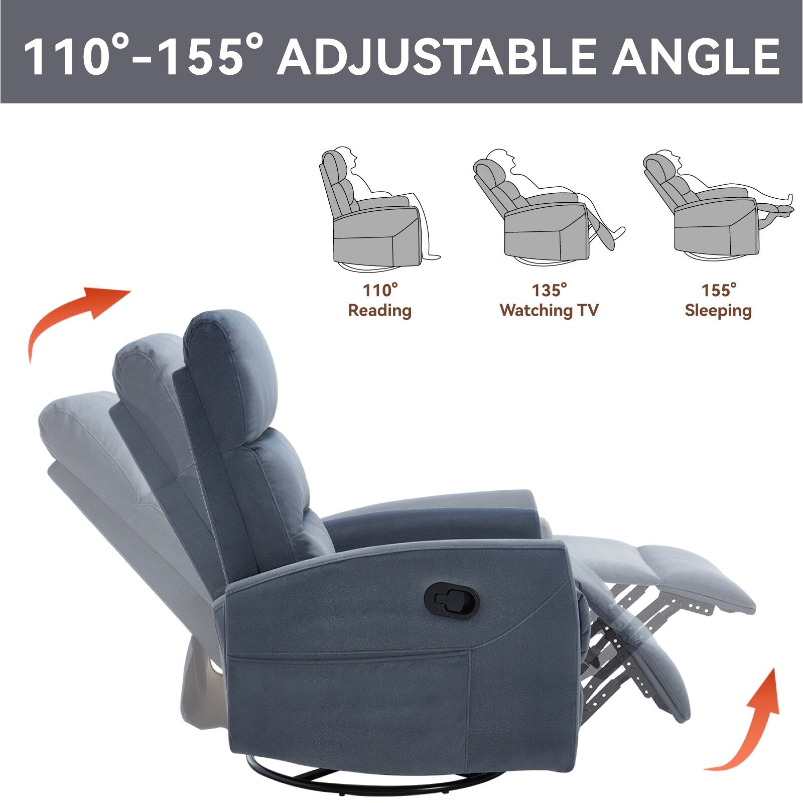 Fauteuil inclinable manuel en tissu, pivotant à 360° avec bascule et repose-pieds, fauteuil avec dossier réglable et pédales