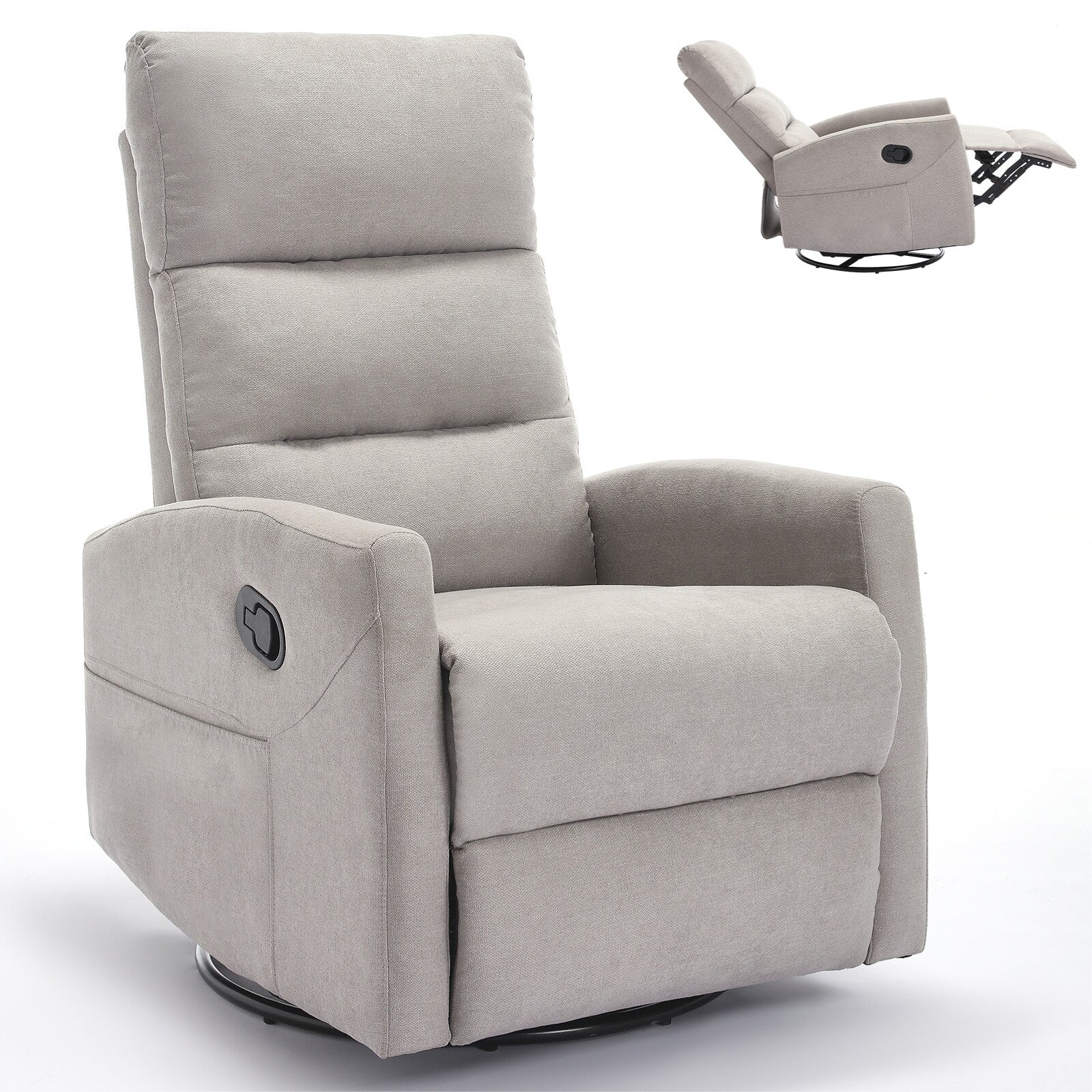 Fauteuil inclinable manuel en tissu, pivotant à 360° avec bascule et repose-pieds, fauteuil avec dossier réglable et pédales