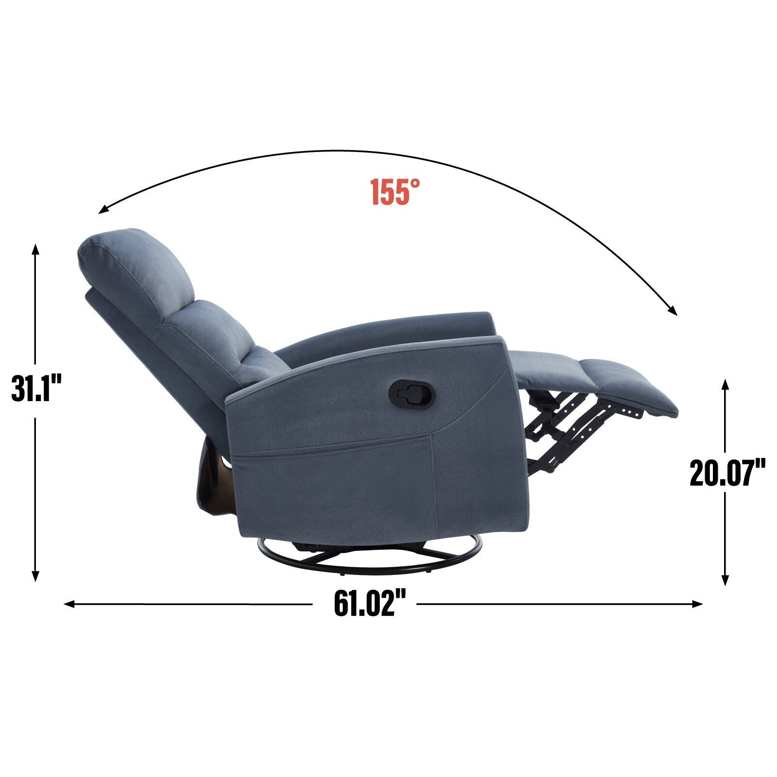 Fauteuil inclinable manuel en tissu, pivotant à 360° avec bascule et repose-pieds, fauteuil avec dossier réglable et pédales