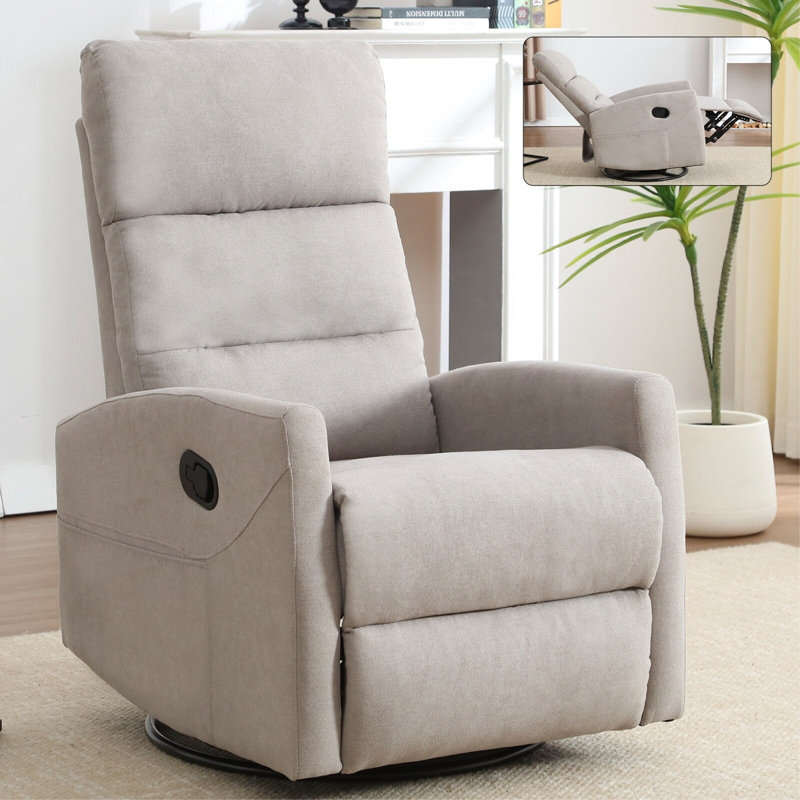 Fauteuil inclinable manuel en tissu, pivotant à 360° avec bascule et repose-pieds, fauteuil avec dossier réglable et pédales