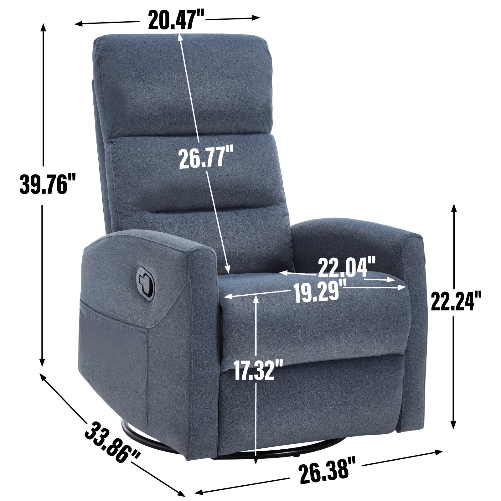 Fauteuil inclinable manuel en tissu, pivotant à 360° avec bascule et repose-pieds, fauteuil avec dossier réglable et pédales