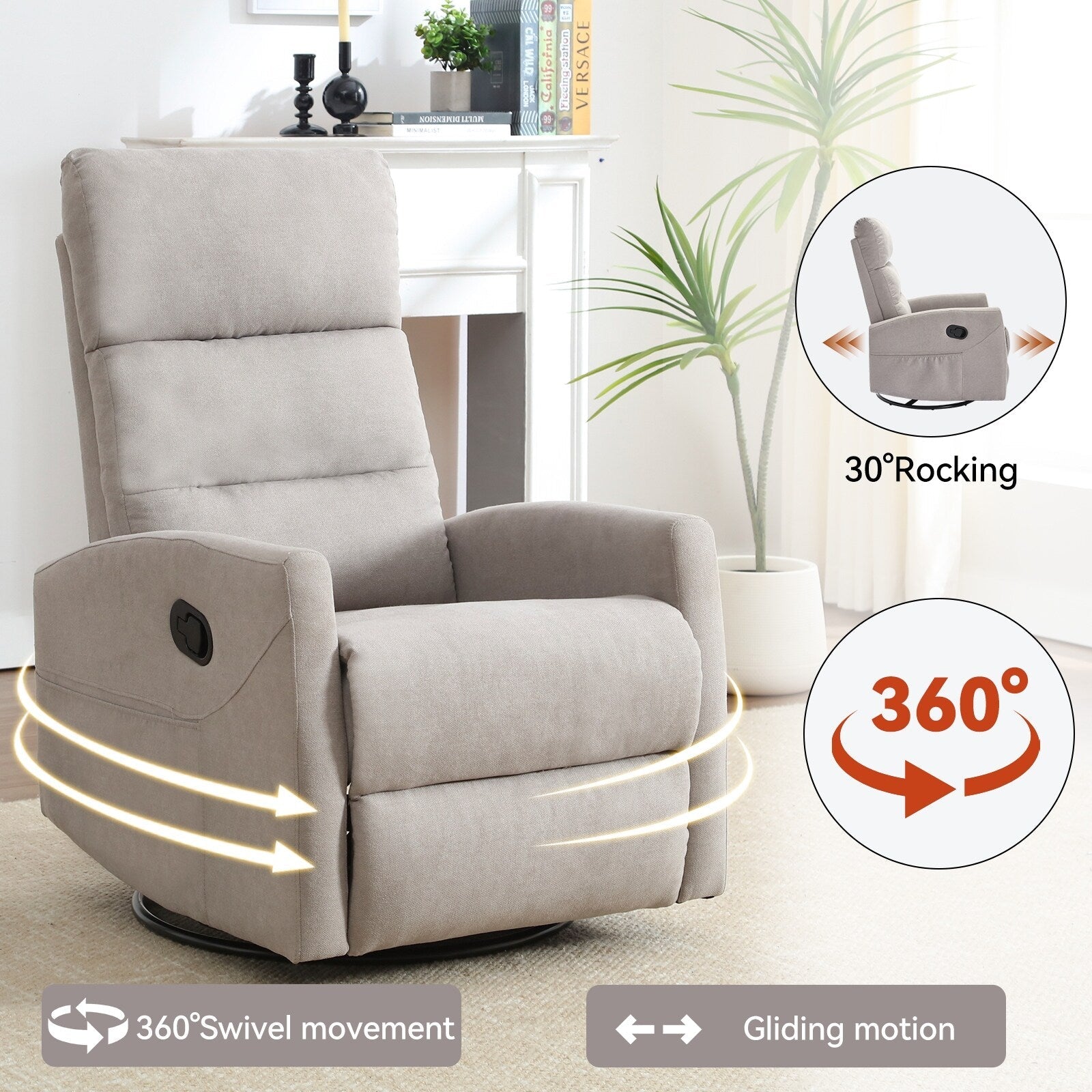 Fauteuil inclinable manuel en tissu, pivotant à 360° avec bascule et repose-pieds, fauteuil avec dossier réglable et pédales