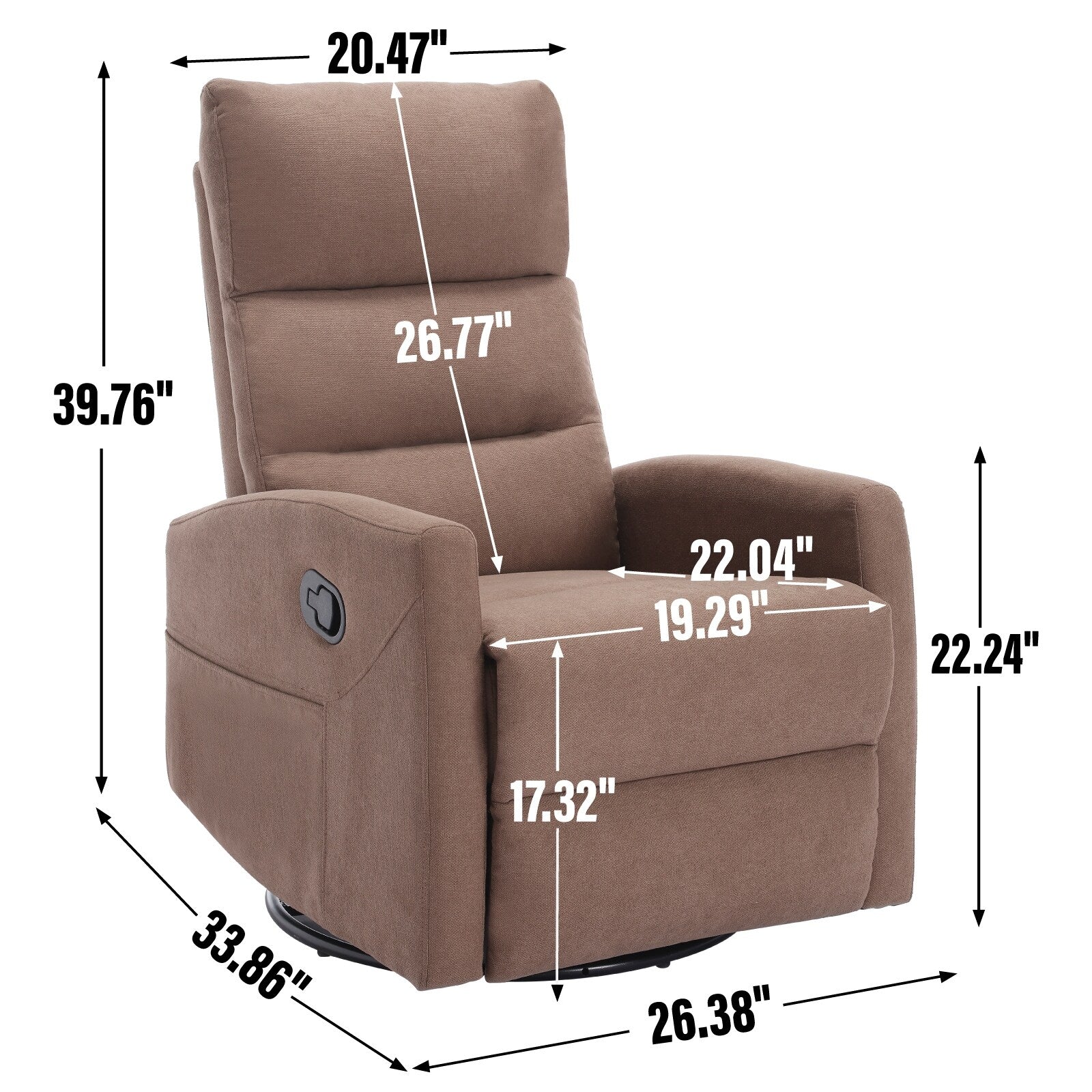 Fauteuil inclinable manuel en tissu, pivotant à 360° avec bascule et repose-pieds, fauteuil avec dossier réglable et pédales