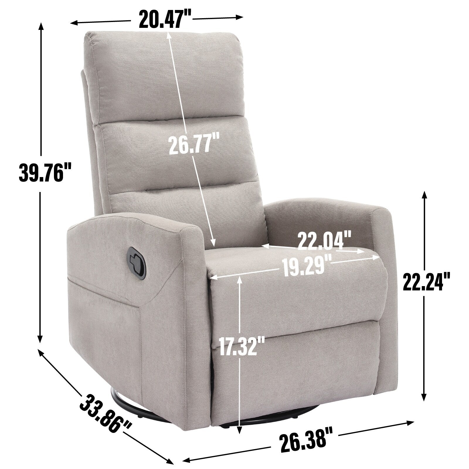 Fauteuil inclinable manuel en tissu, pivotant à 360° avec bascule et repose-pieds, fauteuil avec dossier réglable et pédales