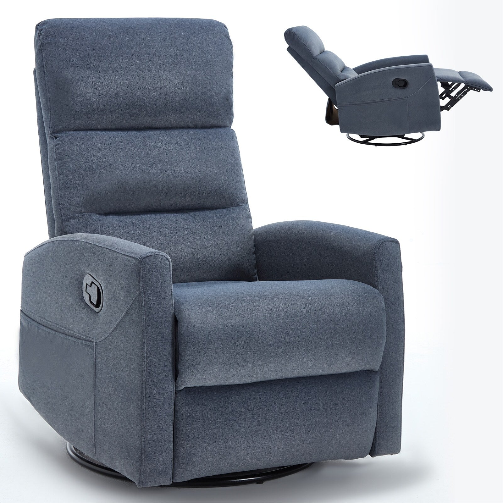 Fauteuil inclinable manuel en tissu, pivotant à 360° avec bascule et repose-pieds, fauteuil avec dossier réglable et pédales
