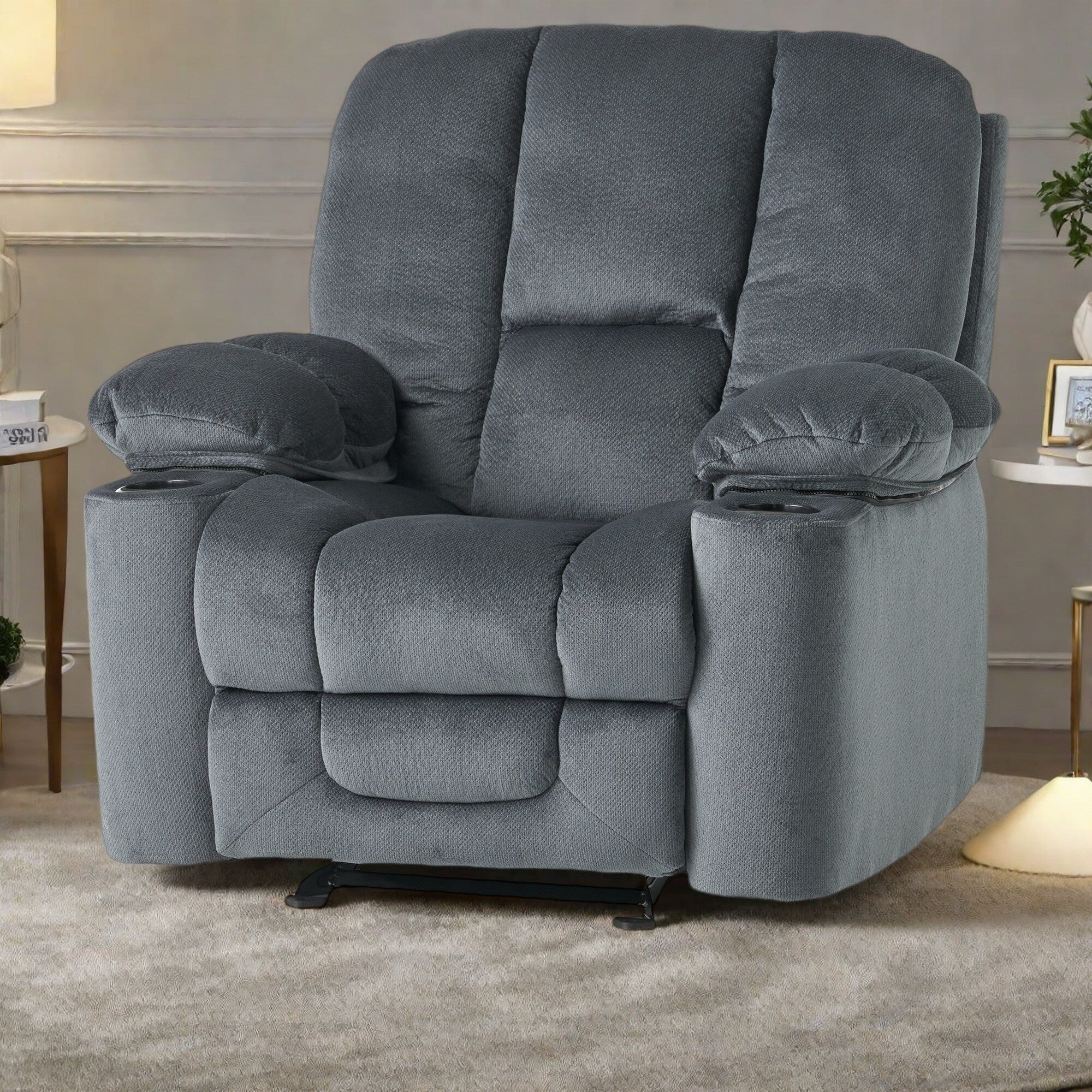 Fauteuil inclinable manuel en tissu avec deux porte-gobelets et coussins rembourrés généreux