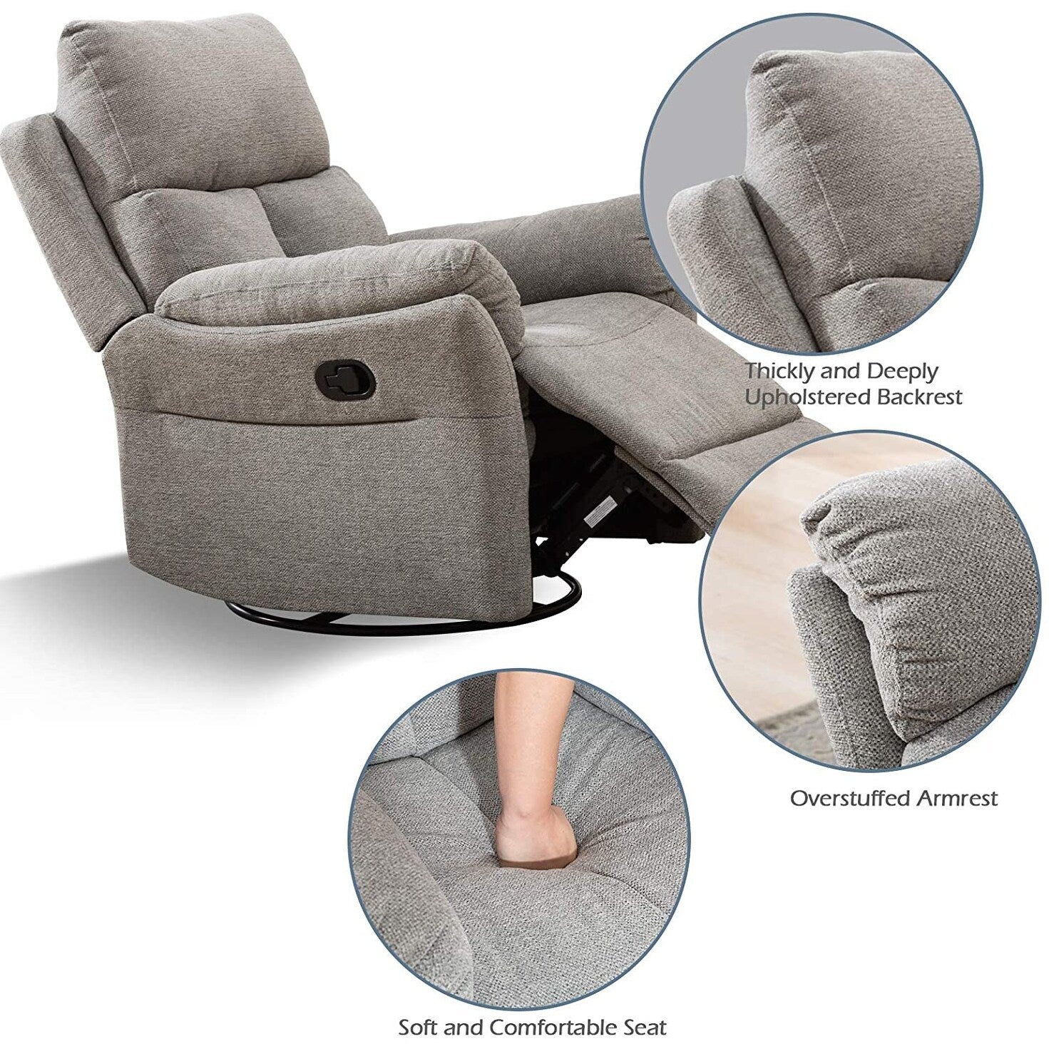 Fauteuil inclinable manuel pivotant et rembourré en tissu