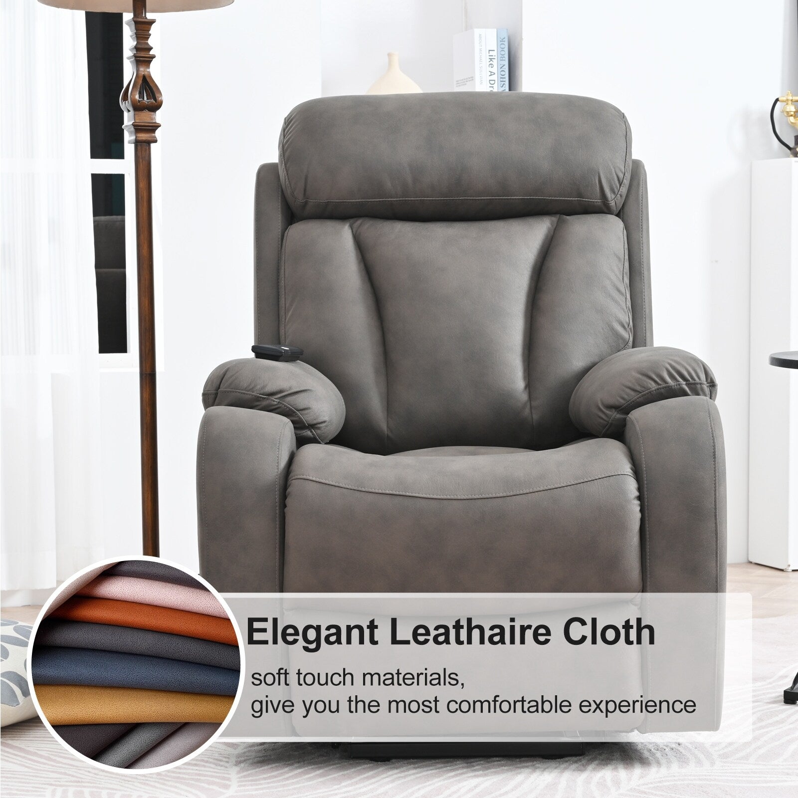 Fauteuil inclinable électrique en tissu pour personnes âgées, avec télécommande, coussin rembourré, poche latérale et cadre robuste.
