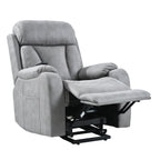 Fauteuil inclinable électrique en tissu pour personnes âgées, avec télécommande, coussin rembourré, poche latérale et cadre robuste.