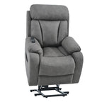 Fauteuil inclinable électrique en tissu pour personnes âgées, avec télécommande, coussin rembourré, poche latérale et cadre robuste.