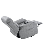 Fauteuil inclinable électrique en tissu pour personnes âgées, avec télécommande, coussin rembourré, poche latérale et cadre robuste.