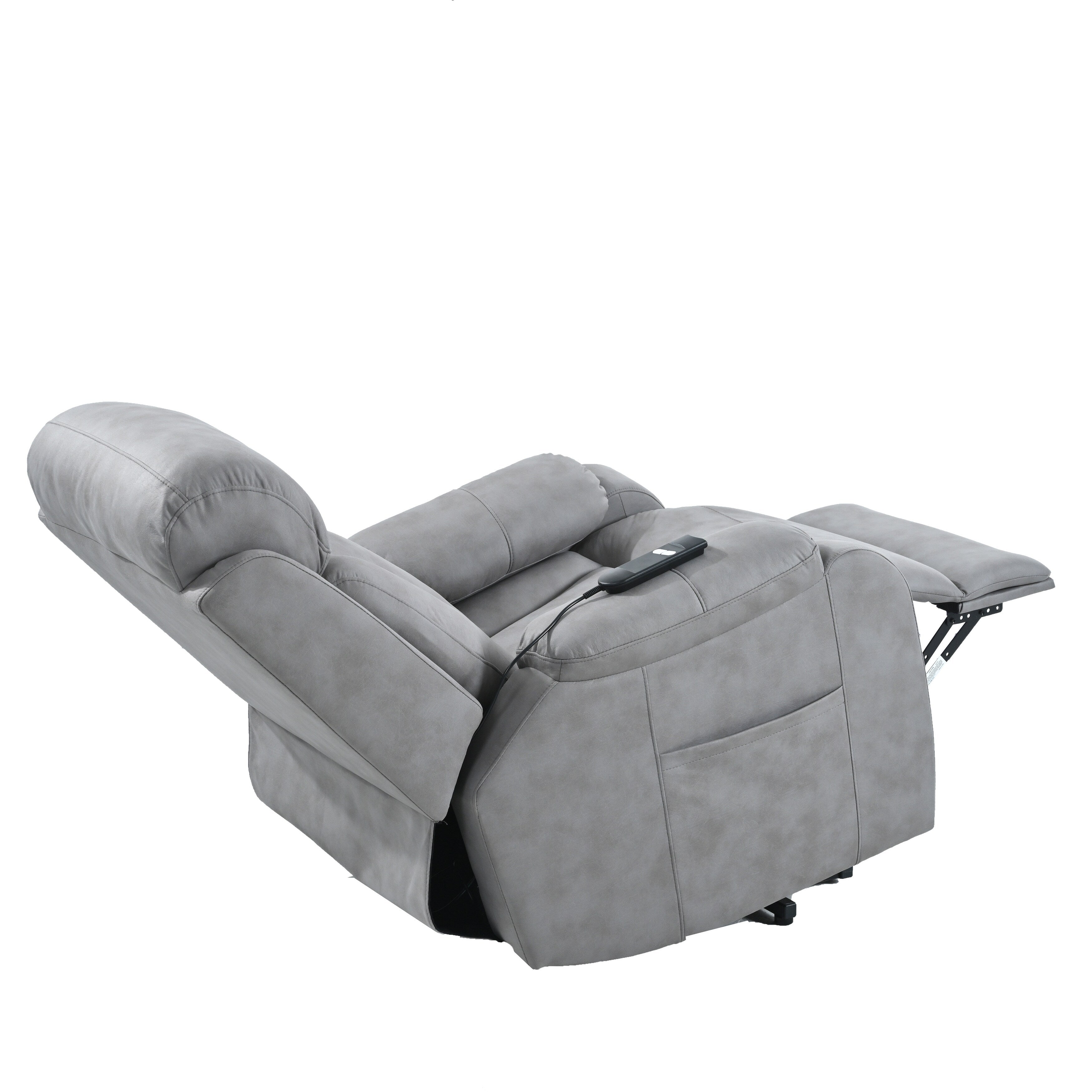 Fauteuil inclinable électrique en tissu pour personnes âgées, avec télécommande, coussin rembourré, poche latérale et cadre robuste.