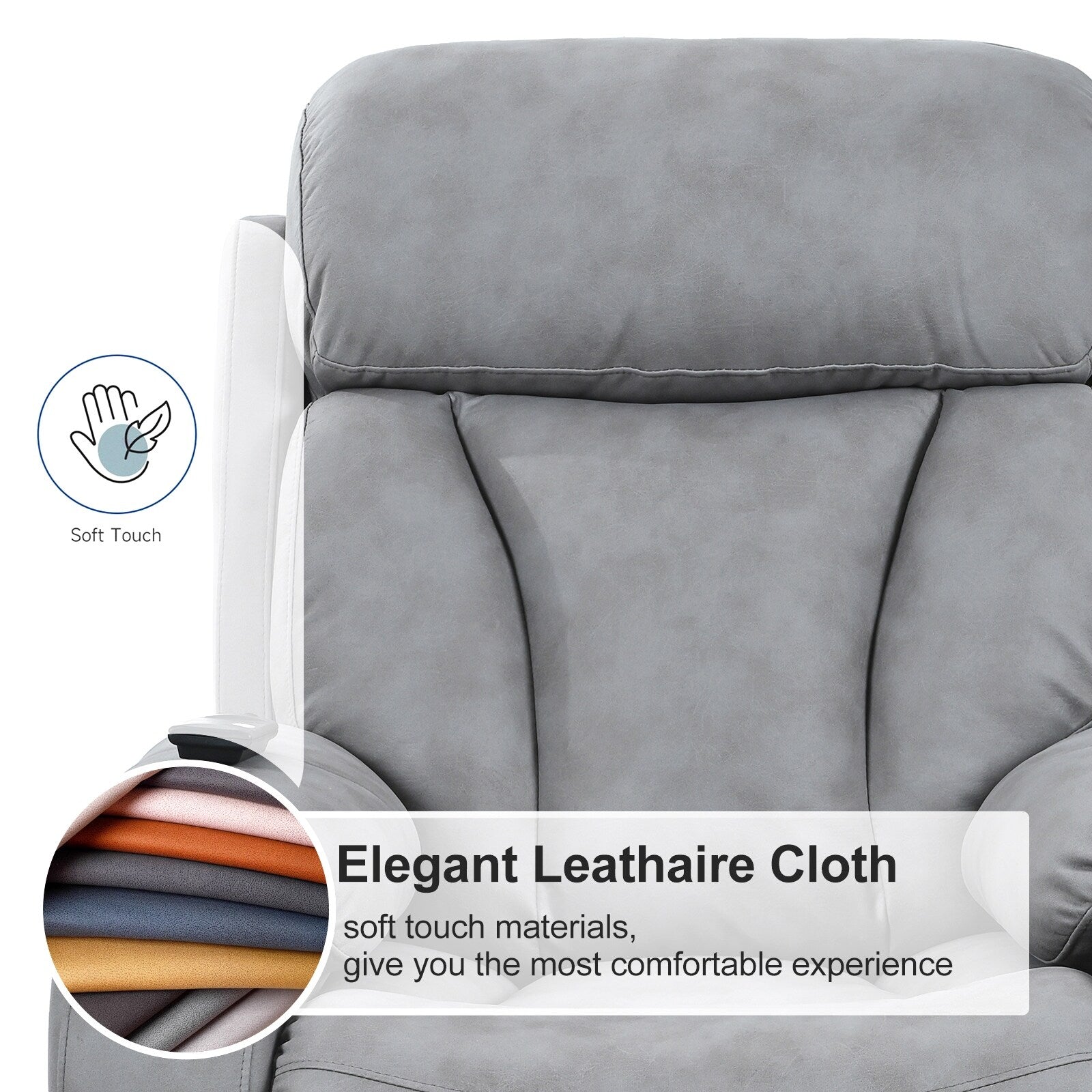 Fauteuil inclinable électrique en tissu pour personnes âgées, avec télécommande, coussin rembourré, poche latérale et cadre robuste.