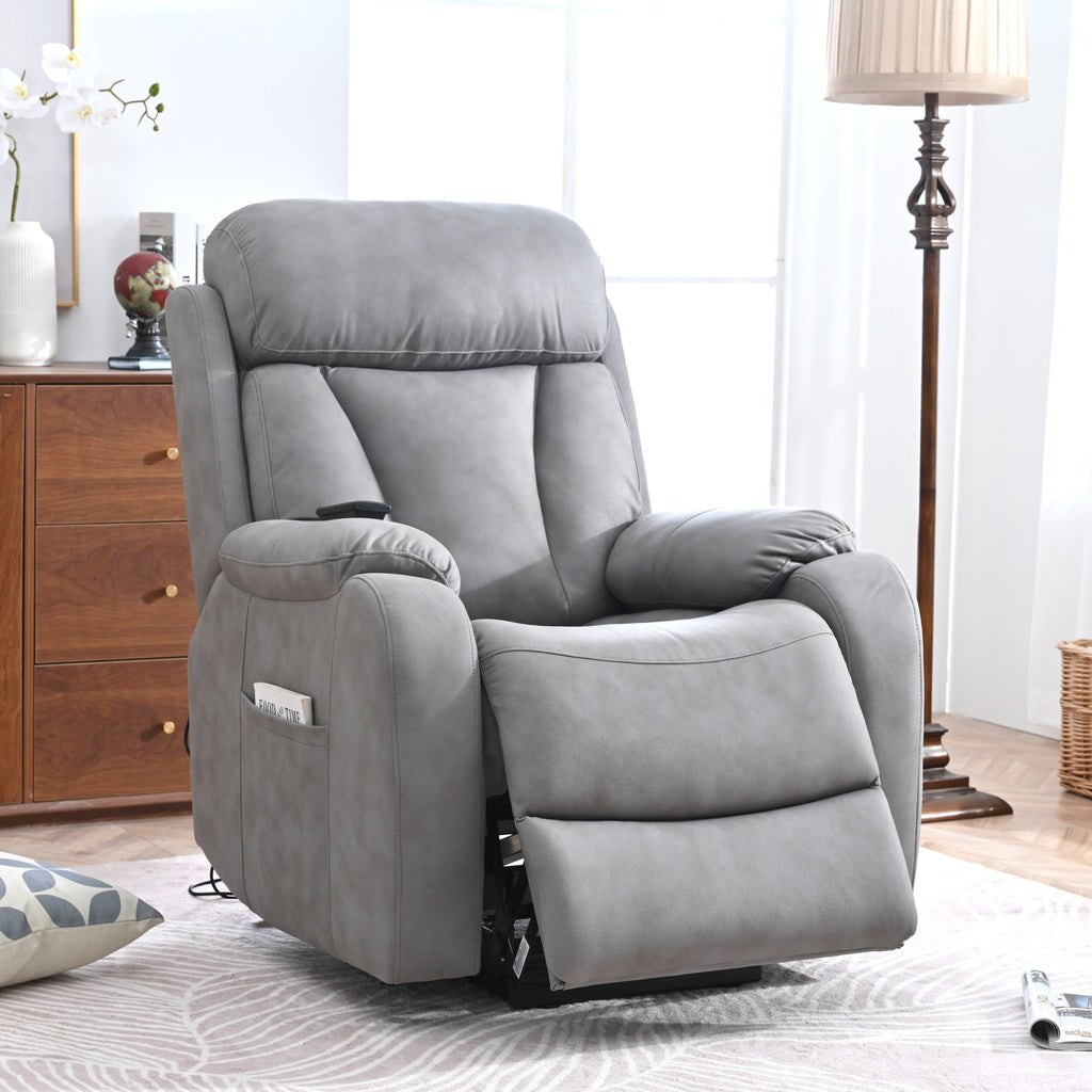 Fauteuil inclinable électrique en tissu pour personnes âgées, avec télécommande, coussin rembourré, poche latérale et cadre robuste.