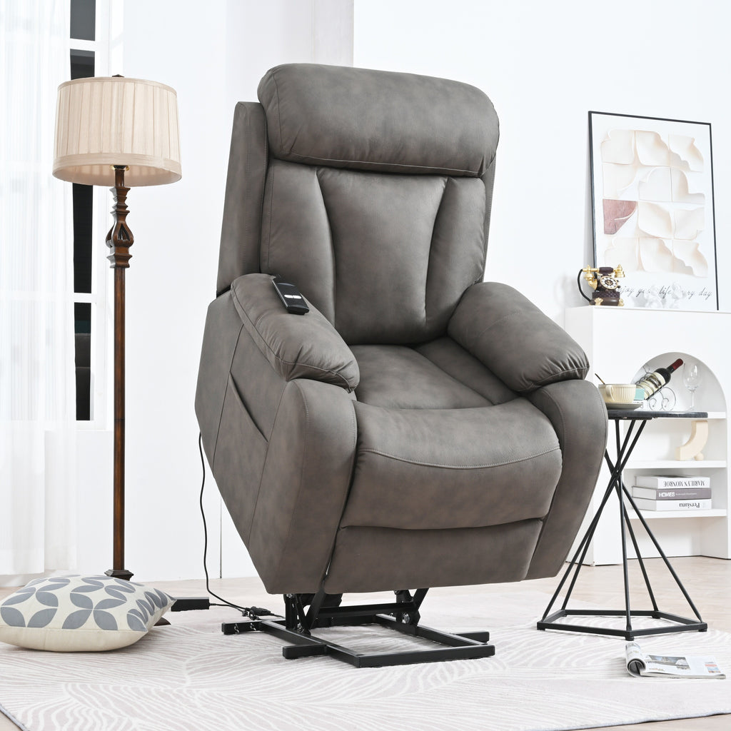 Fauteuil inclinable électrique en tissu pour personnes âgées, avec télécommande, coussin rembourré, poche latérale et cadre robuste.