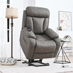 Fauteuil inclinable électrique en tissu pour personnes âgées, avec télécommande, coussin rembourré, poche latérale et cadre robuste.