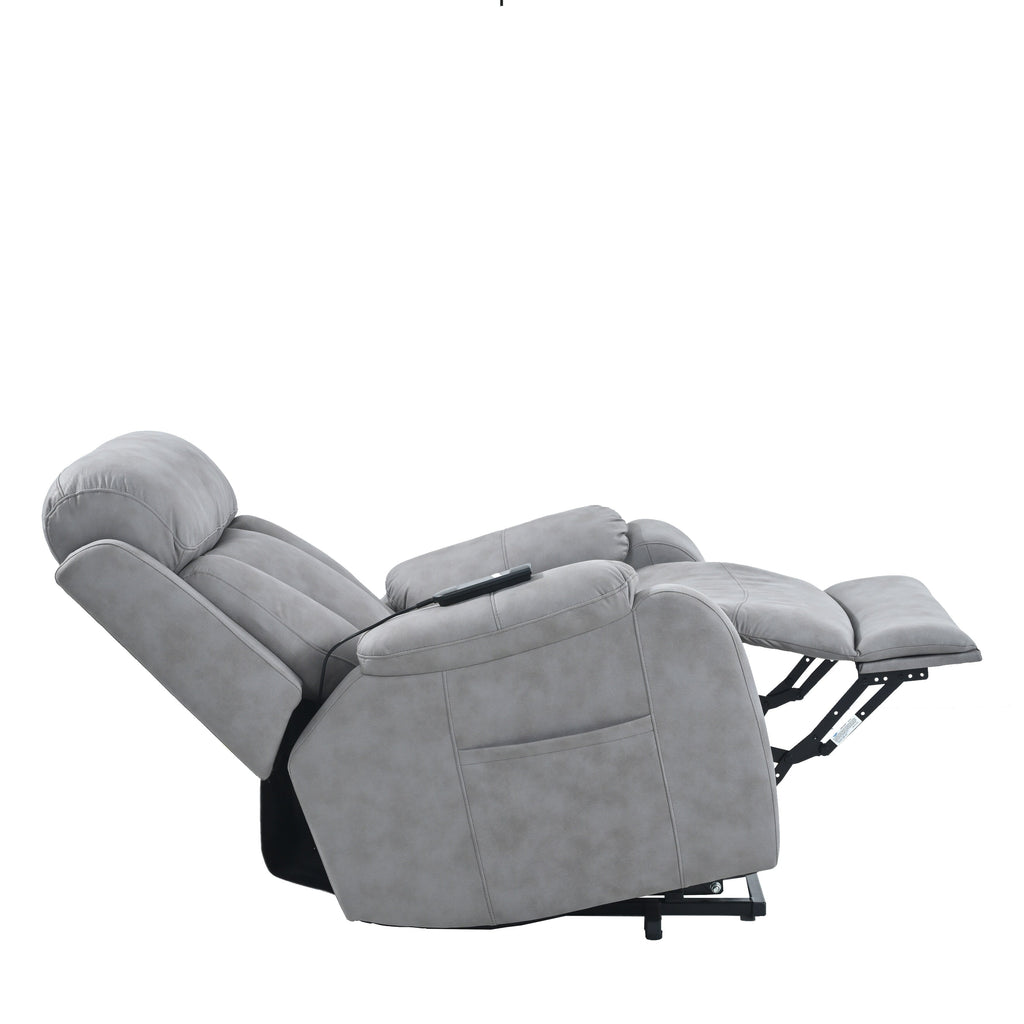 Fauteuil inclinable électrique en tissu pour personnes âgées, avec télécommande, coussin rembourré, poche latérale et cadre robuste.