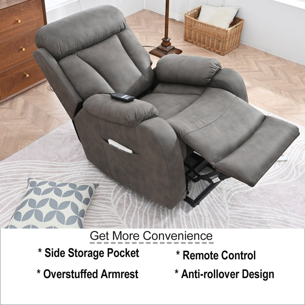 Fauteuil inclinable électrique en tissu pour personnes âgées, avec télécommande, coussin rembourré, poche latérale et cadre robuste.