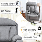 Fauteuil inclinable électrique en tissu pour personnes âgées, avec télécommande, coussin rembourré, poche latérale et cadre robuste.