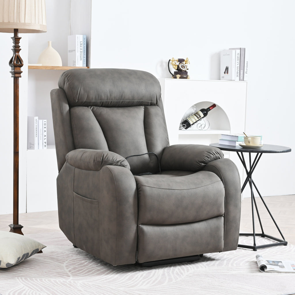 Fauteuil inclinable électrique en tissu pour personnes âgées, avec télécommande, coussin rembourré, poche latérale et cadre robuste.