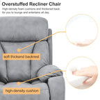 Fauteuil inclinable électrique en tissu pour personnes âgées, avec télécommande, coussin rembourré, poche latérale et cadre robuste.