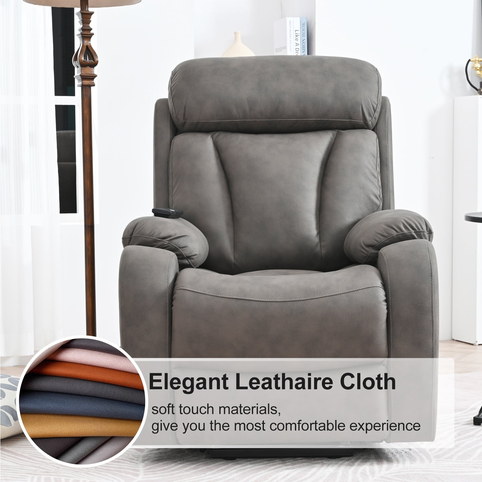 Fauteuil inclinable électrique en tissu avec télécommande, coussins rembourrés, poche de rangement latérale et cadre robuste et durable pour personnes âgées