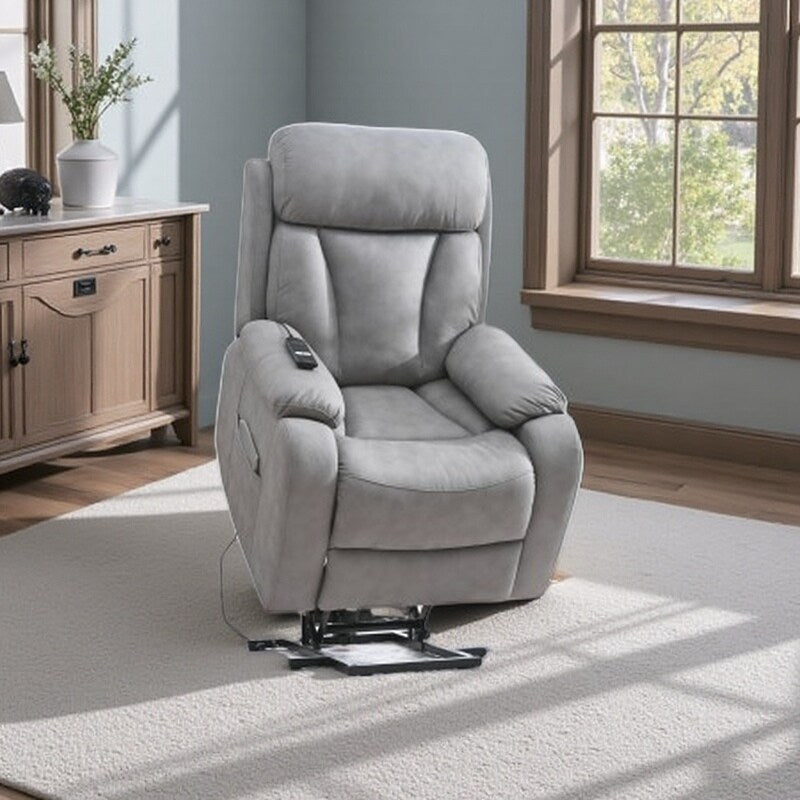 Fauteuil inclinable électrique en tissu avec télécommande, coussins rembourrés, poche de rangement latérale et cadre robuste et durable pour personnes âgées