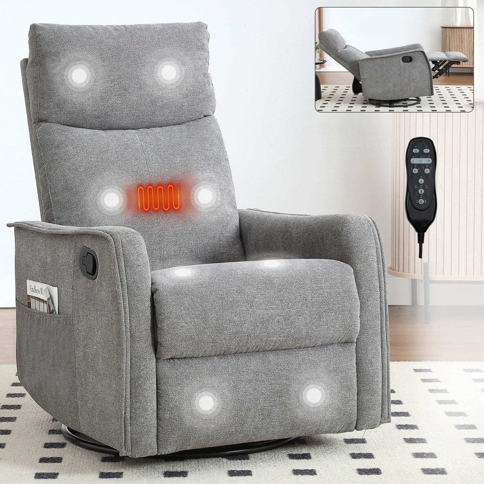 Fauteuil inclinable en tissu avec chauffage, massage, base pivotante à 360°, dossier réglable et soutien lombaire pour un confort optimal au salon