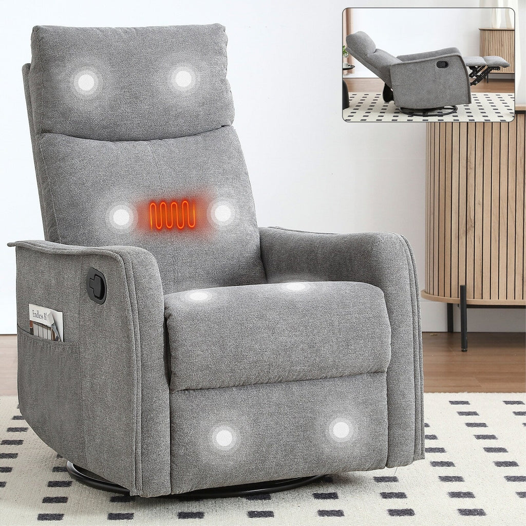 Fauteuil inclinable en tissu avec chauffage, massage, base pivotante à 360°, dossier réglable et soutien lombaire pour un confort optimal au salon