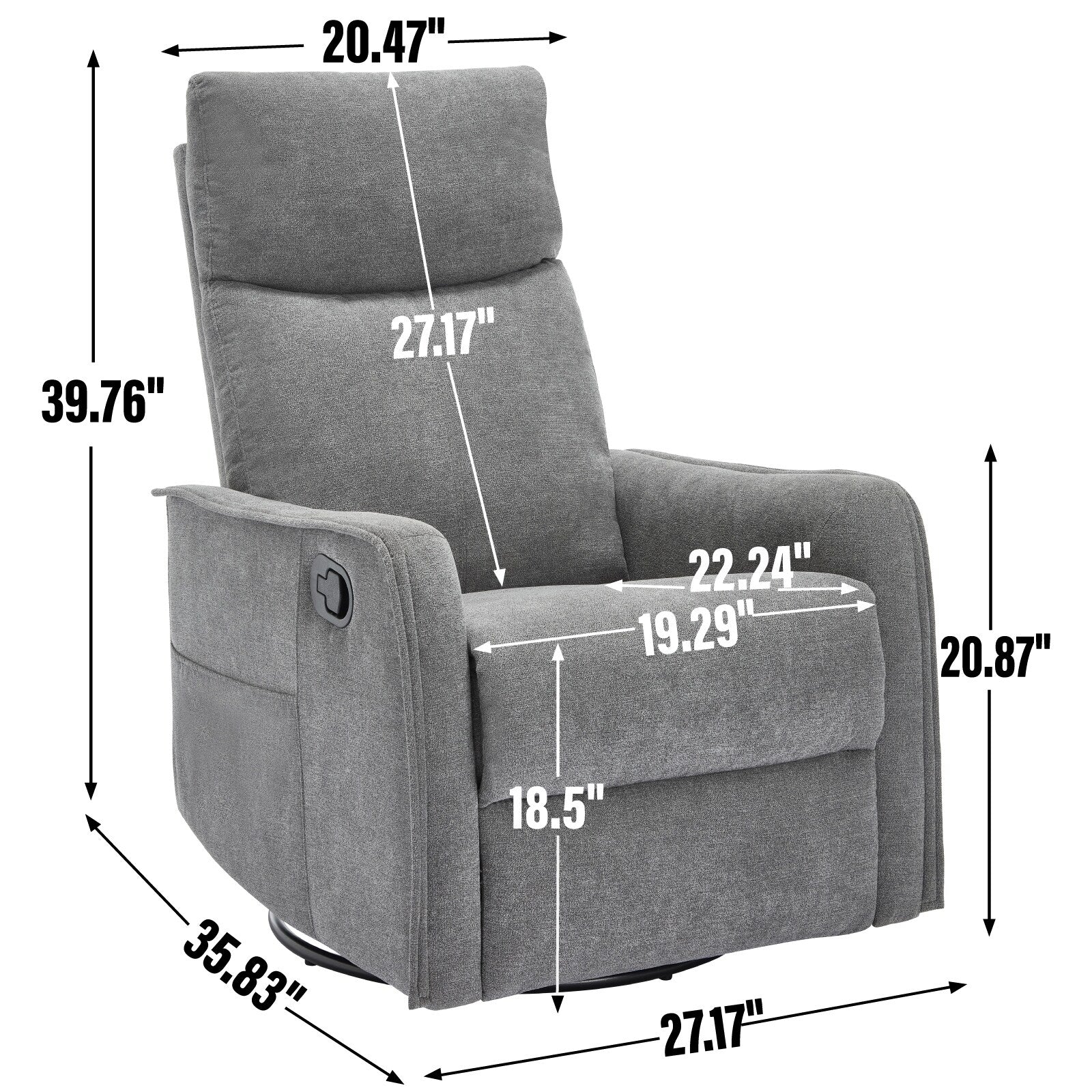 Fauteuil inclinable en tissu avec chauffage, massage, base pivotante à 360°, dossier réglable et soutien lombaire pour un confort optimal au salon