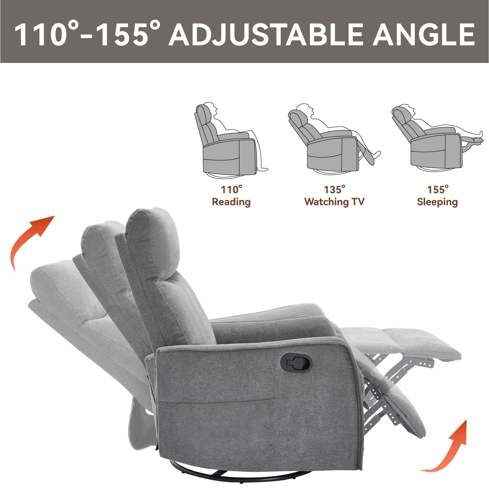 Fauteuil inclinable en tissu avec chauffage, massage, base pivotante à 360°, dossier réglable et soutien lombaire pour un confort optimal au salon