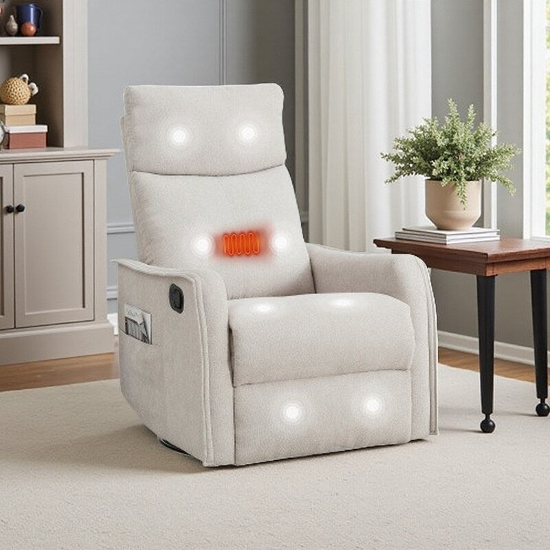 Fauteuil inclinable en tissu avec chauffage, massage, base pivotante à 360°, dossier réglable et soutien lombaire pour un confort optimal au salon