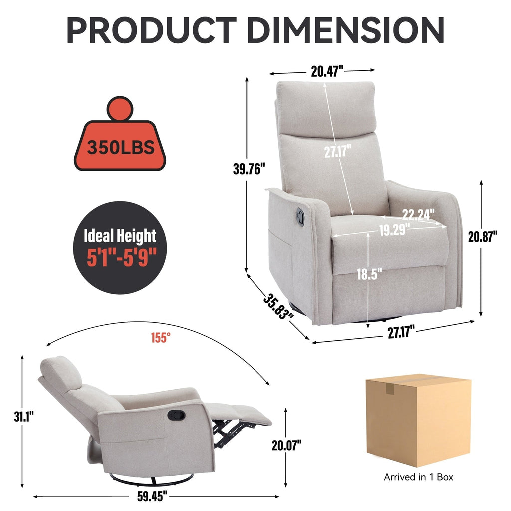 Fauteuil inclinable en tissu avec chauffage, massage, base pivotante à 360°, dossier réglable et soutien lombaire pour un confort optimal au salon