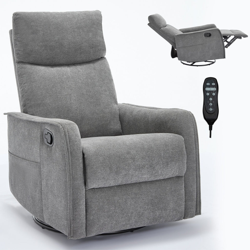 Fauteuil inclinable en tissu avec chauffage, massage, base pivotante à 360°, dossier réglable et soutien lombaire pour un confort optimal au salon