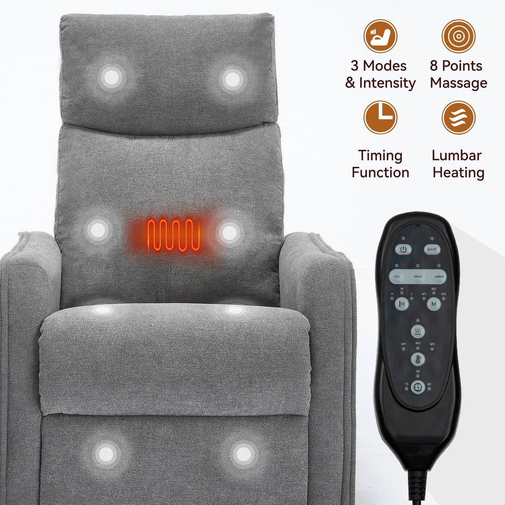 Fauteuil inclinable en tissu avec chauffage, massage, base pivotante à 360°, dossier réglable et soutien lombaire pour un confort optimal au salon