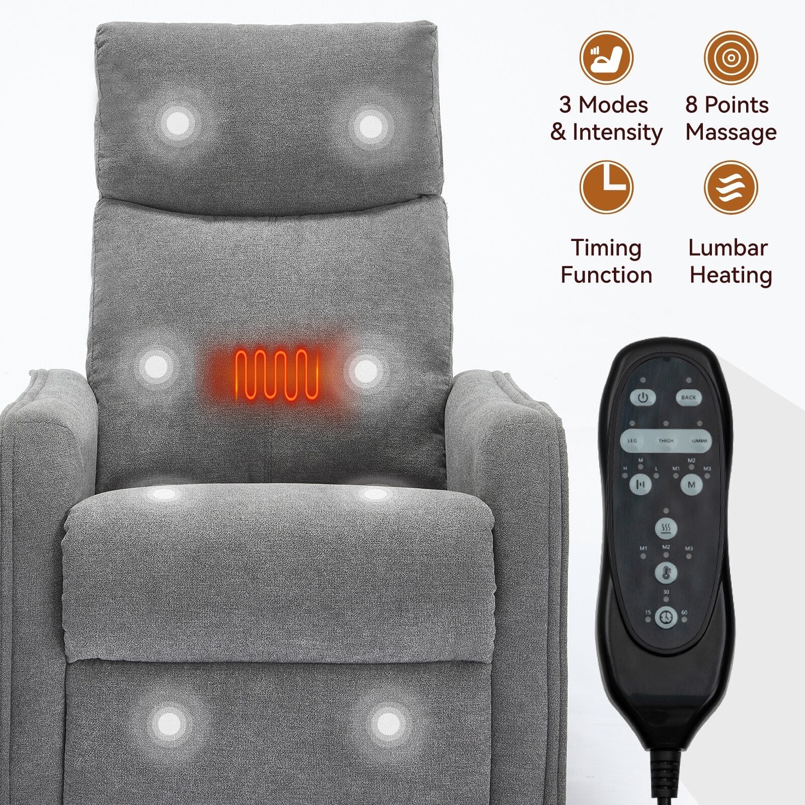 Fauteuil inclinable en tissu avec chauffage, massage, base pivotante à 360°, dossier réglable et soutien lombaire pour un confort optimal au salon