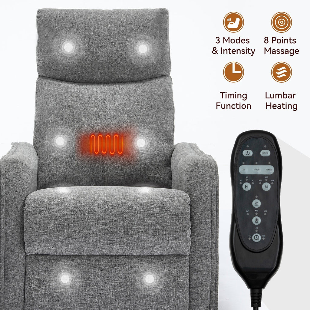 Fauteuil inclinable en tissu avec chauffage, massage, base pivotante à 360°, dossier réglable et soutien lombaire pour un confort optimal au salon