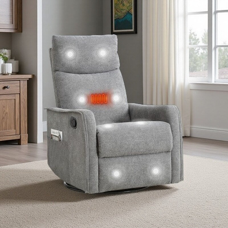 Fauteuil inclinable en tissu avec chauffage, massage, base pivotante à 360°, dossier réglable et soutien lombaire pour un confort optimal au salon