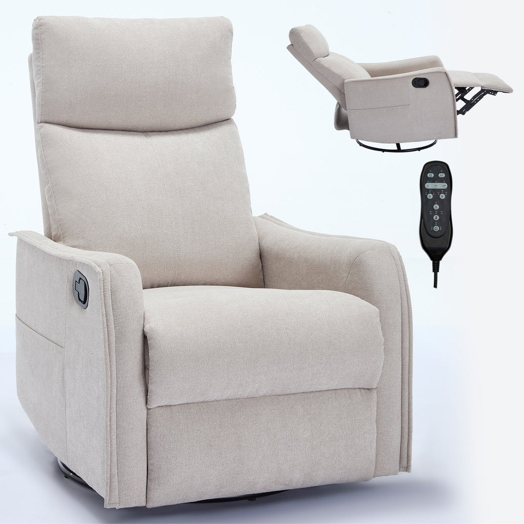 Fauteuil inclinable en tissu avec chauffage, massage, base pivotante à 360°, dossier réglable et soutien lombaire pour un confort optimal au salon
