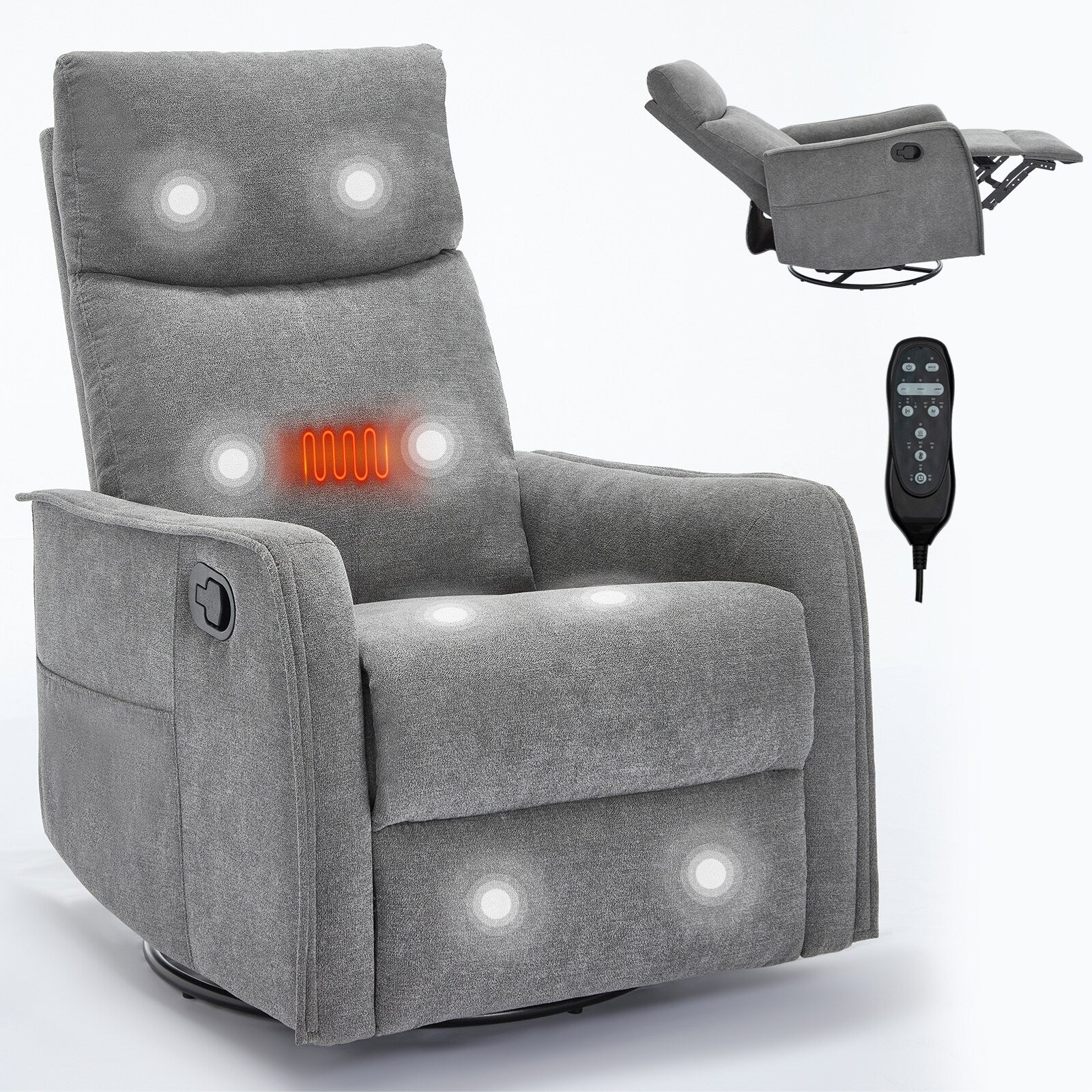 Fauteuil inclinable en tissu avec chauffage, massage, base pivotante à 360°, dossier réglable et soutien lombaire pour un confort optimal au salon